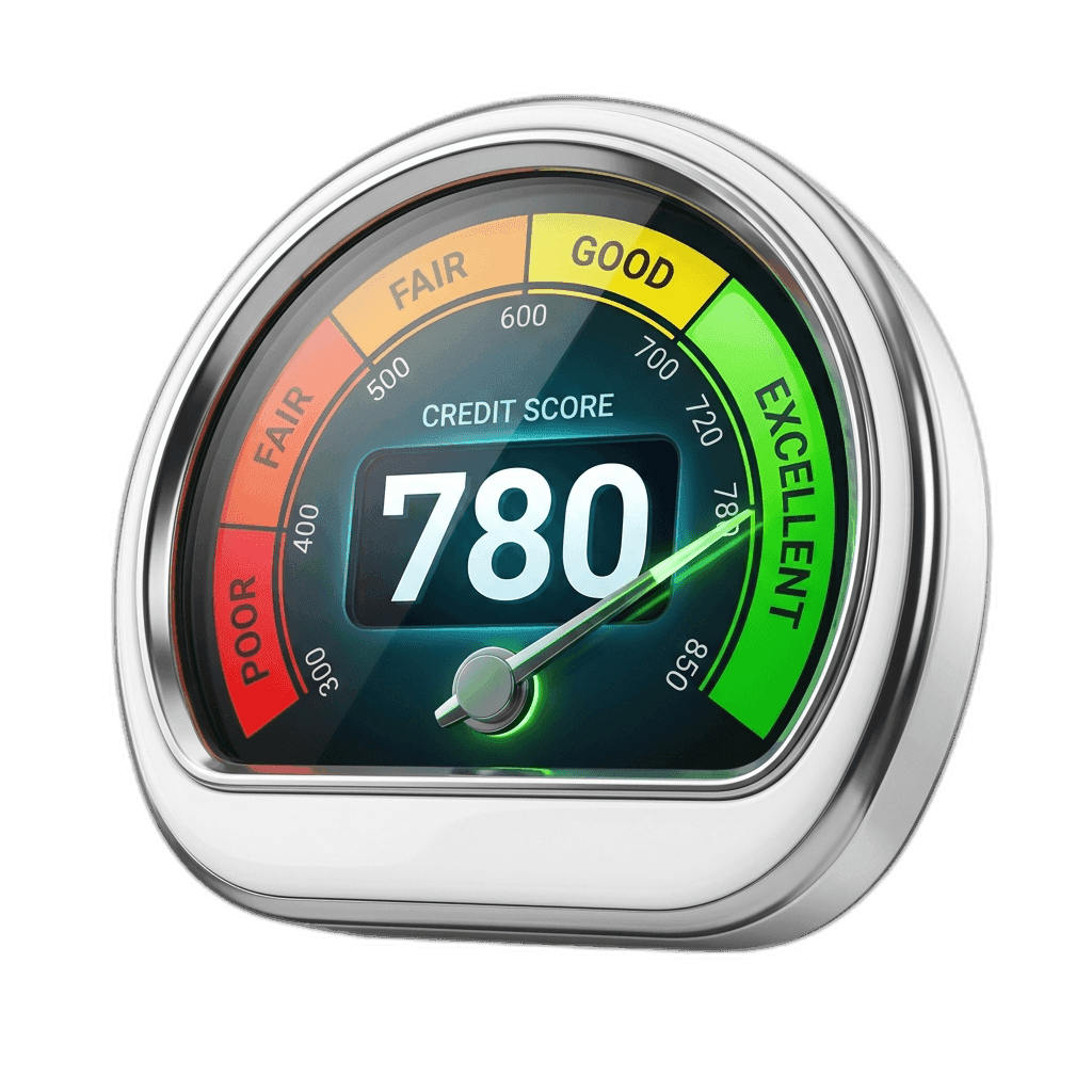 Credit score gauge showing an excellent score of 780